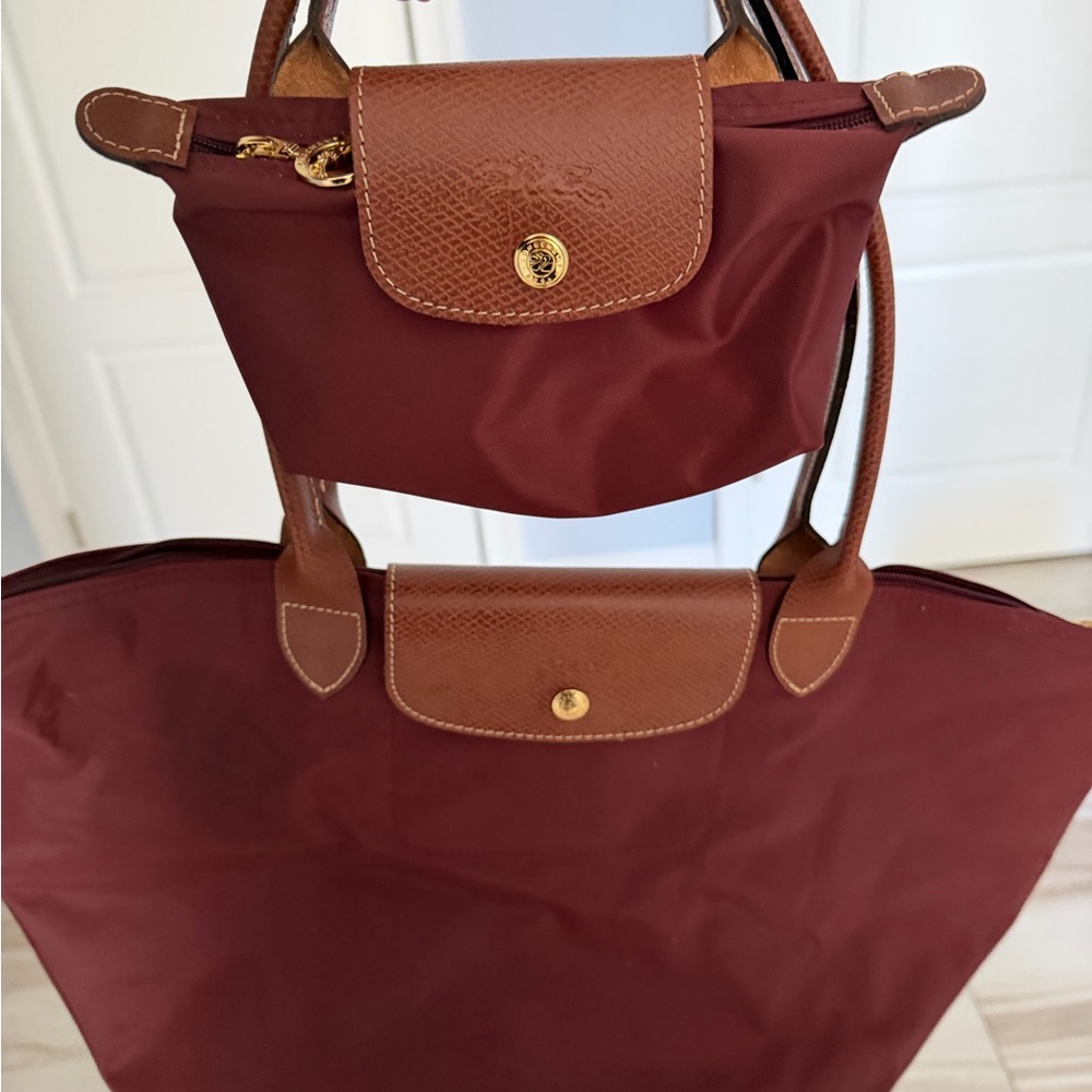 longchamp Burgundy  le pliage tote and poucg bundle